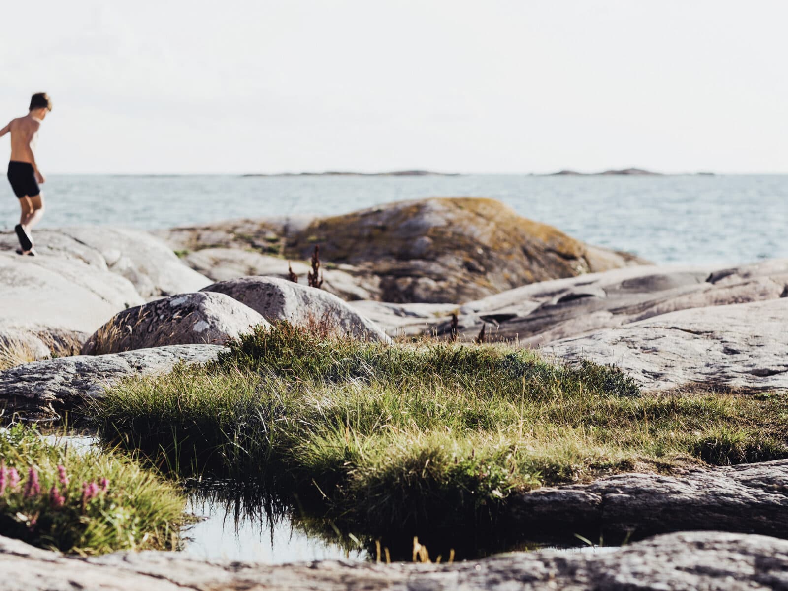 Pojke, klippor, skärgård, hav, havet, havsklippor, sommar, bad,