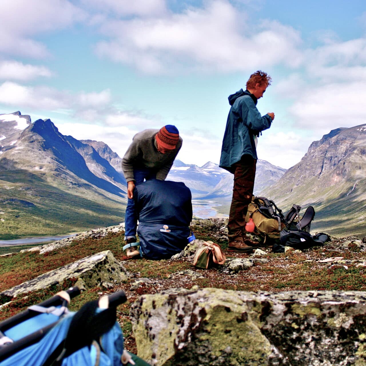 berg, natur, himmel, blå, moln, grön, flod, killar, ryggsäck, utsikt,