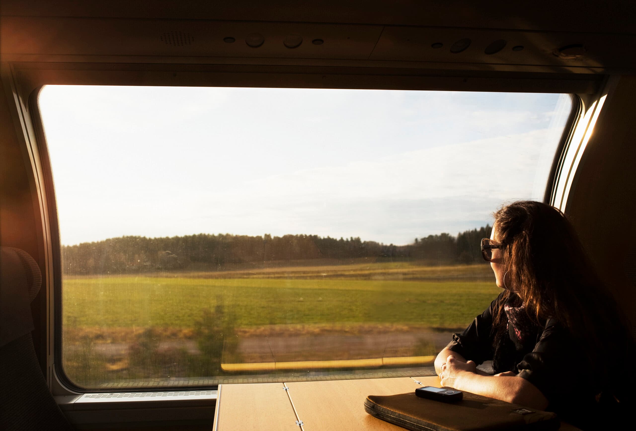 scandinavia, sweden, color image, commute, commuter, copy space, day, head and shoulders, horizontal, journey, landscape, leisure, lifestyle, look out, mid adult, one mid adult woman only, one person only, passenger, photography, relaxing, ride, side view, train, vehicle interior, window, tågfönster, tåg, tågresa, resa, kvinna på tåg,