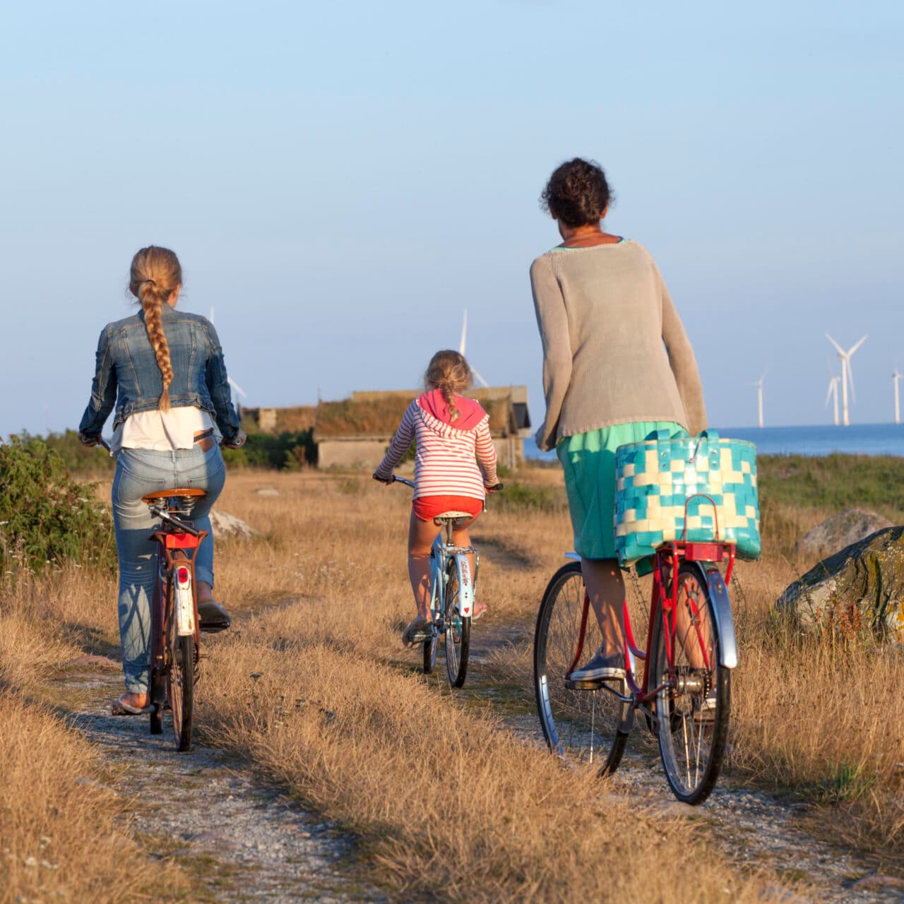 mamma, cykel, klar himmel, kvinnor, tonårsflicka, årstider, tre personer, ljus, kust, familj, energi, cykel, dotter, ensamstående förälder, bakifrån, dagtid, utomhus, syskon, fritid, asfalterad väg, förnybar energi, full längd, Öland, friluftsliv, synvinkel, semester, sommarlov, vindkraftverk.