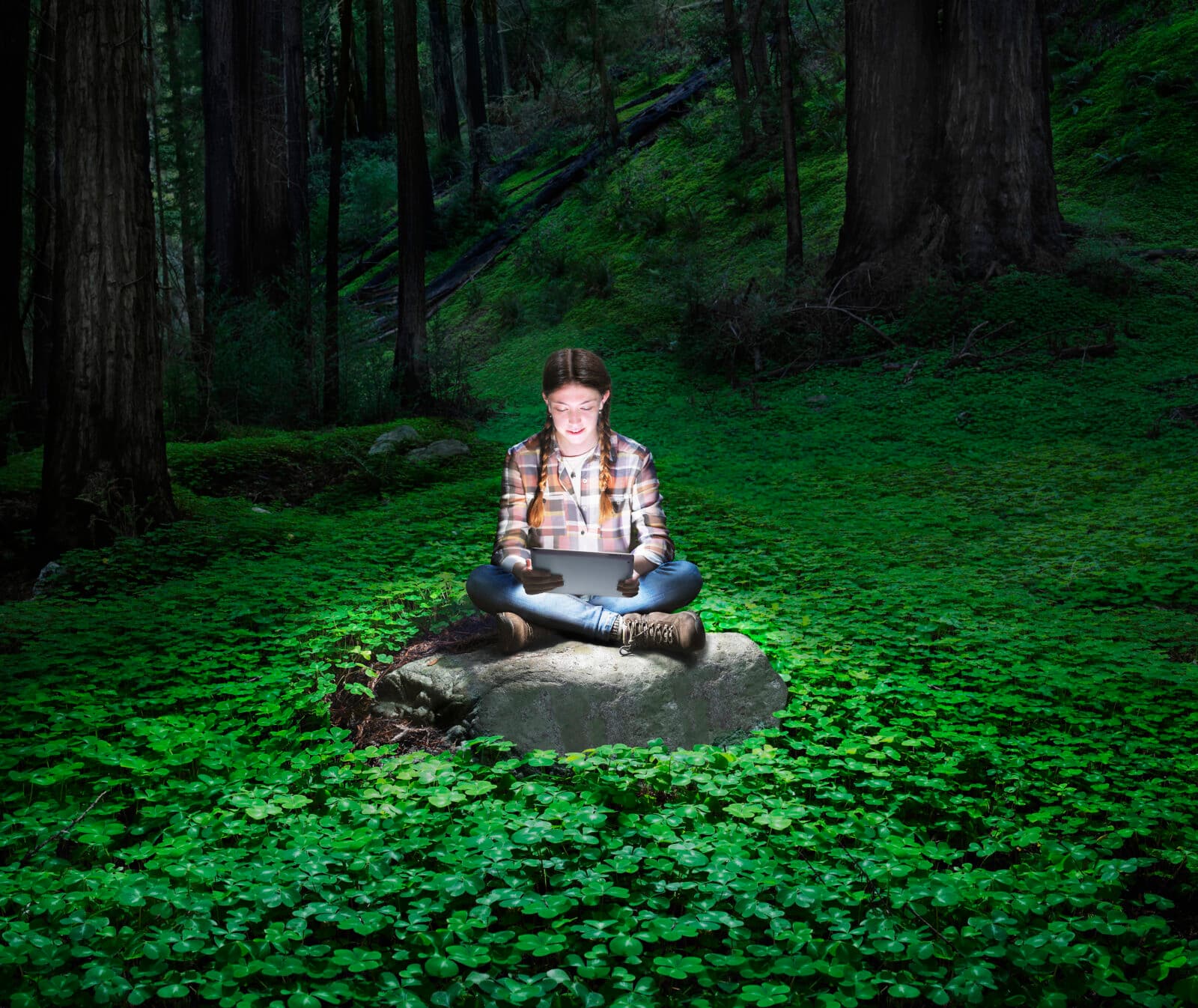 A fifteen year old caucasian girl dressed in hiking clothing and using a glowing tablet in a ...