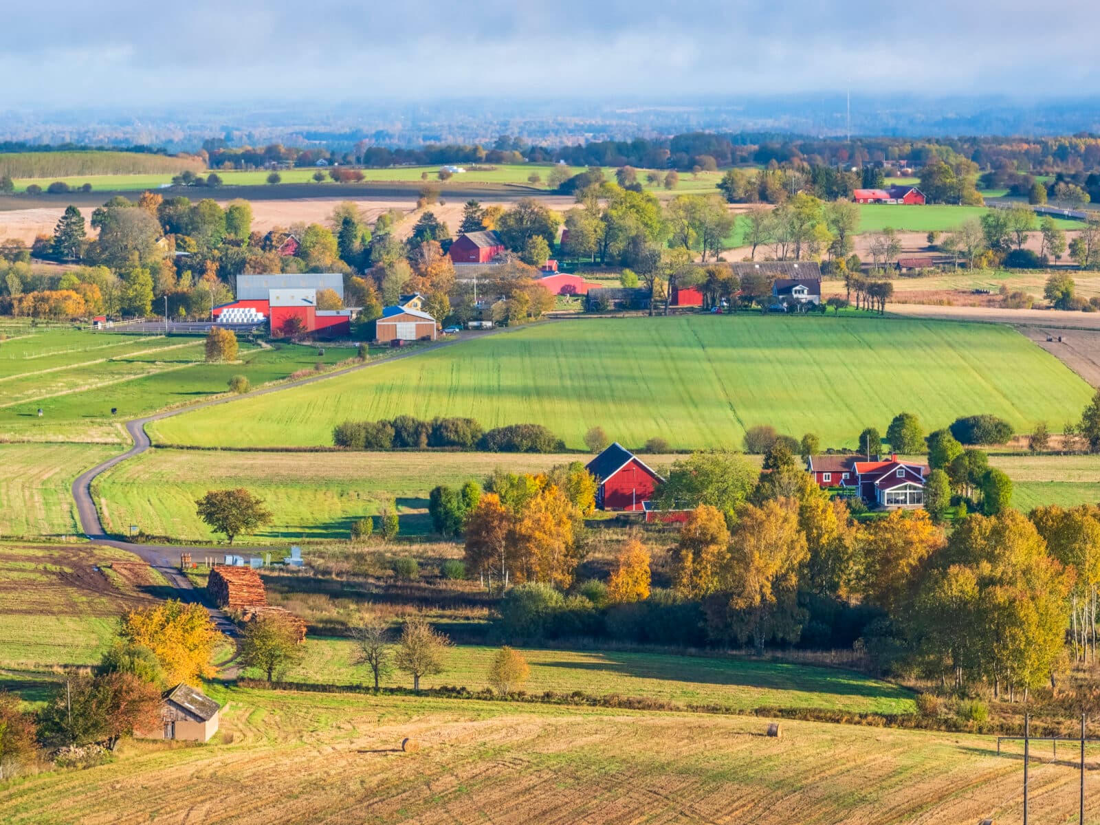 Swedish countryside view with farms and fields in autumn colours