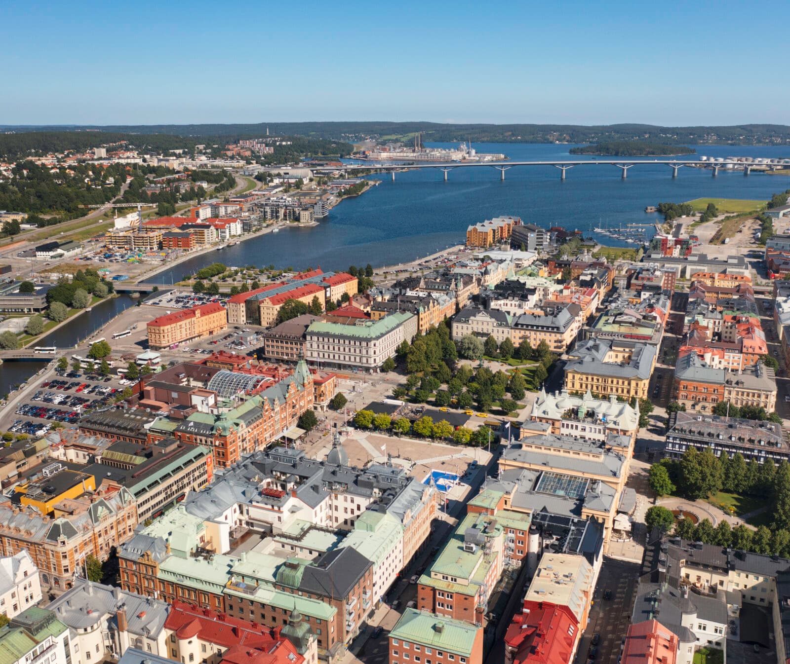 Aerial view of the city Sundsvall on the east coast of Sweden on a summer day.