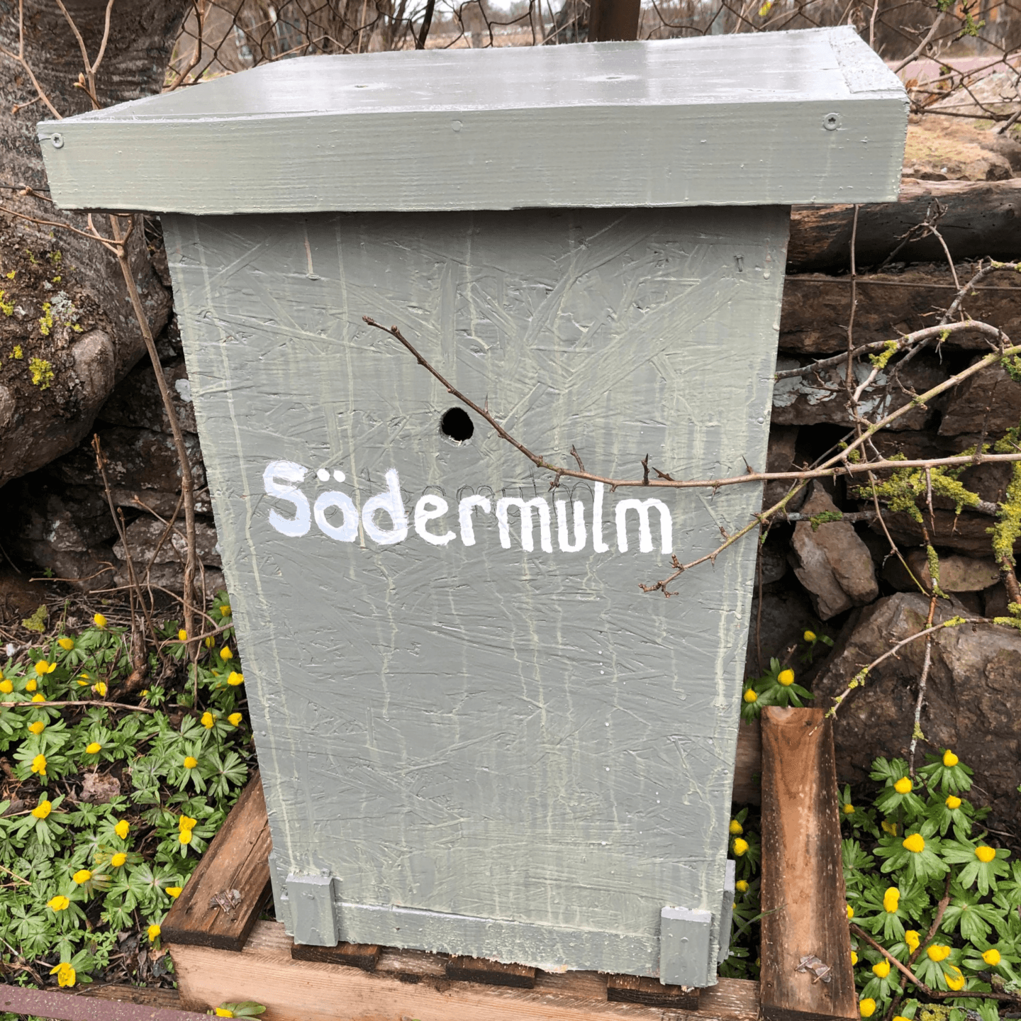 Bilden visar en grå trälåda med ett tak och en rund öppning på framsidan, som ser ut att vara en ...