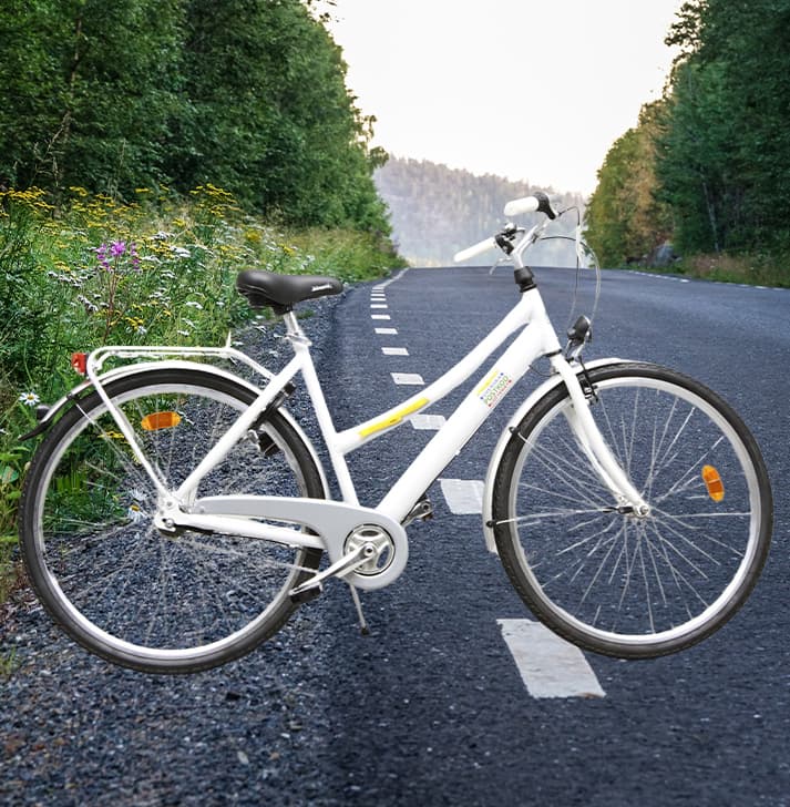 Vit cykel vid blommande vägkant.