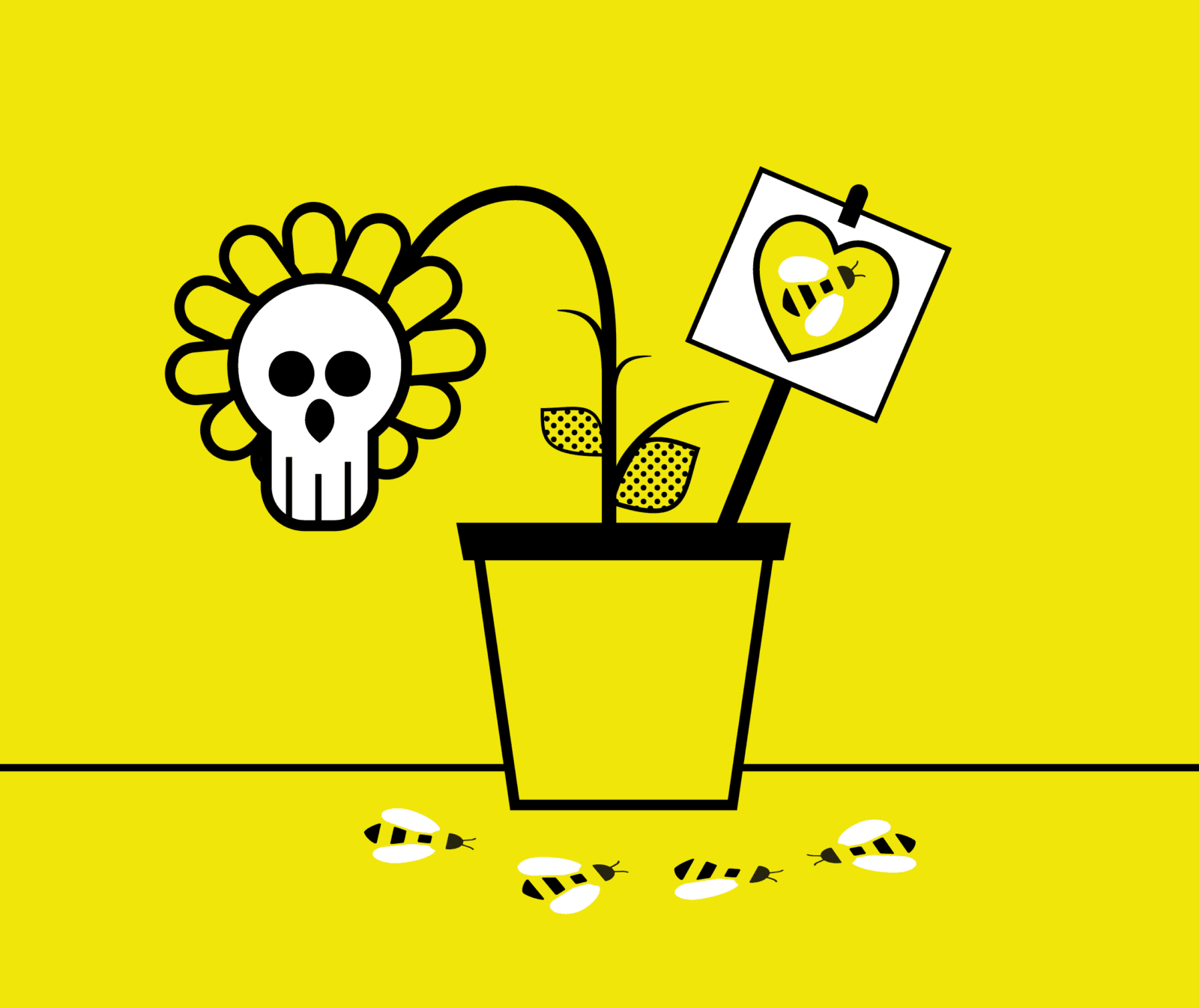 Bilden visar en stiliserad illustration med en gul bakgrund. I mitten finns en krukväxt i en enkel ...